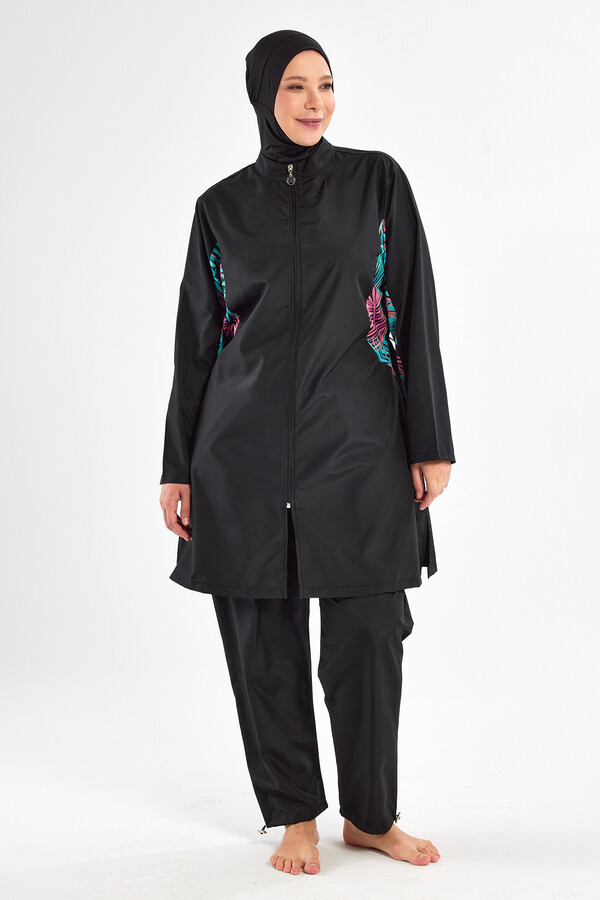 Plus-Size Parachute Full-Coverage Modest Swimwear Set 2802 Black - Thumbnail