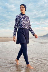 Haliç Mayo - Plus Size Patterned Full-Cover Modest Swimsuit 12 Navy