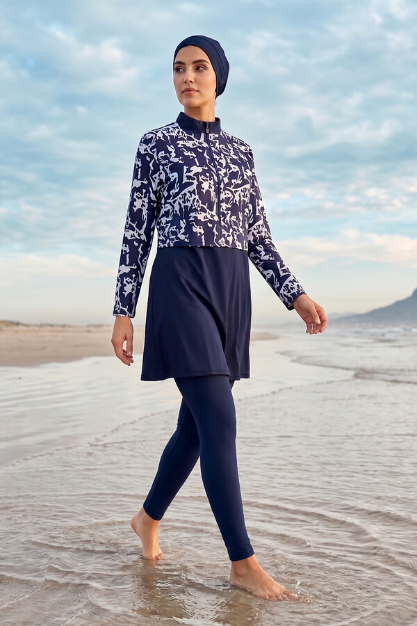 Plus Size Patterned Full-Cover Modest Swimsuit 12 Navy - Thumbnail