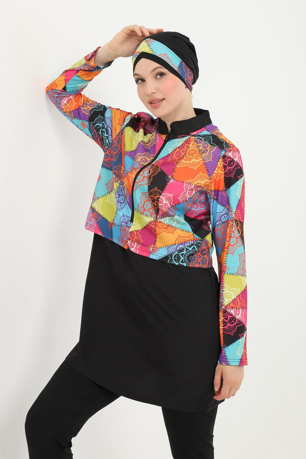 Plus Size Patterned Full-Cover Modest Swimsuit 14 Black05 - Thumbnail