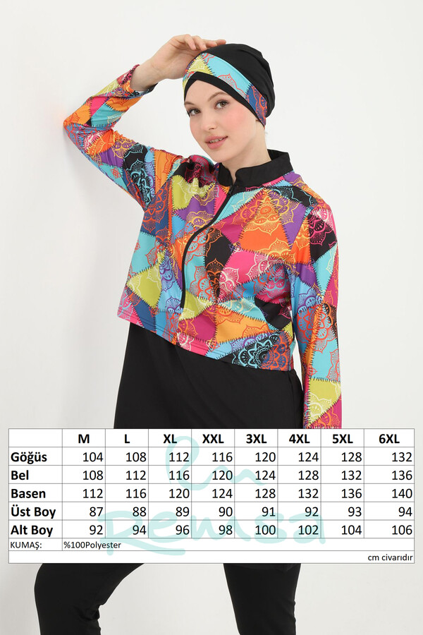 Plus Size Patterned Full-Cover Modest Swimsuit 14 Black05 - Thumbnail