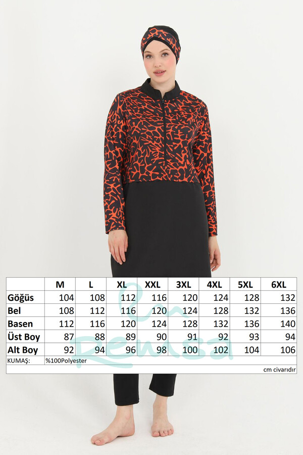 Plus Size Patterned Full-Cover Modest Swimsuit 16 Black03 - Thumbnail