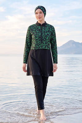 Haliç Mayo - Plus Size Patterned Full-Cover Modest Swimsuit 17 Black02