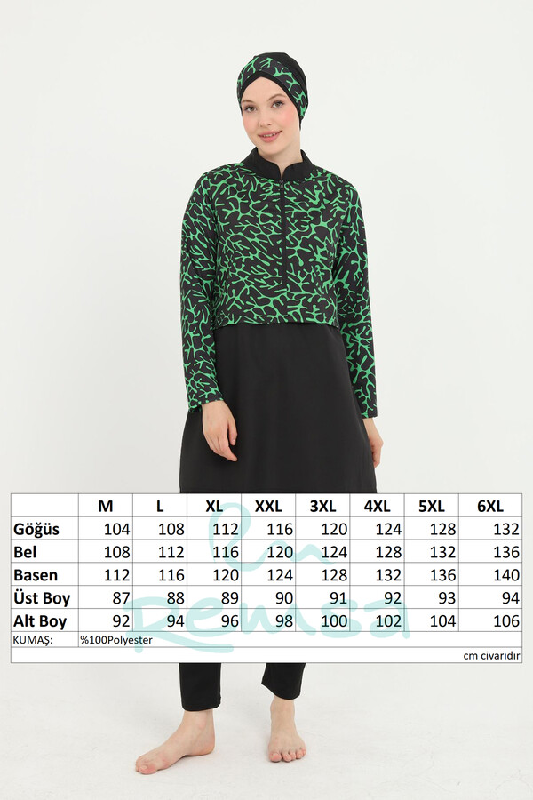 Plus Size Patterned Full-Cover Modest Swimsuit 17 Black02 - Thumbnail