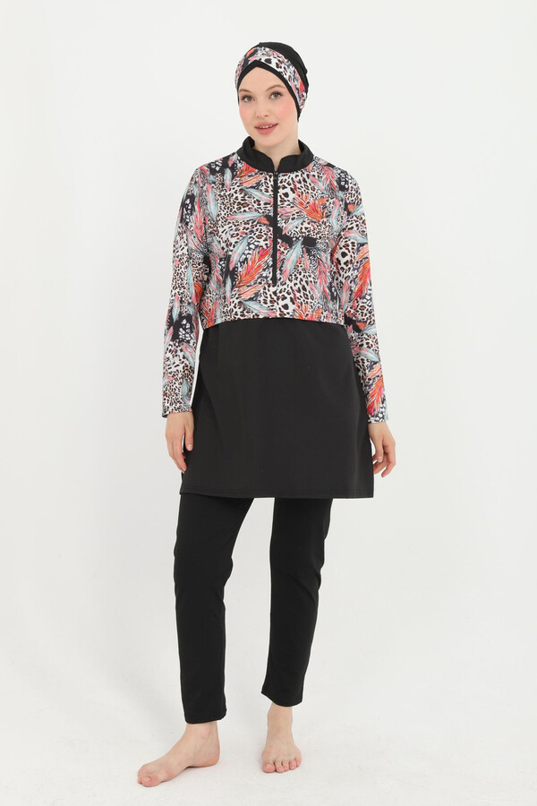 Plus Size Patterned Full-Cover Modest Swimsuit 18 Black01 - Thumbnail