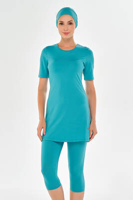 Maresiva - Plus Size Short Sleeve Lycra Semi-Covered Swimsuit 2606 Mint