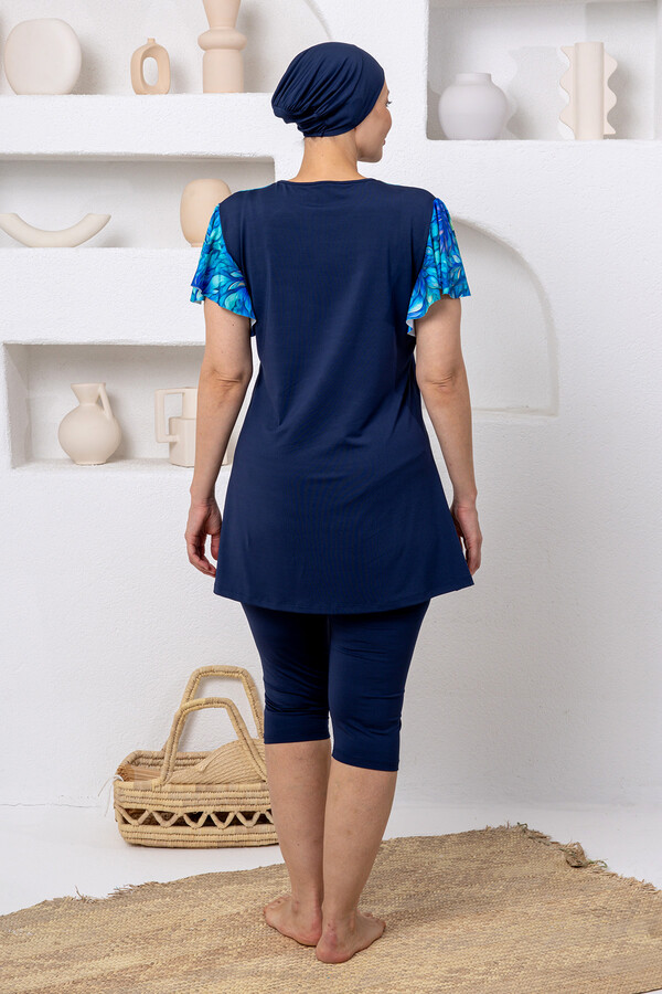Plus-Size Short-Sleeve Modest Swimsuit with Swim Cap - Thumbnail