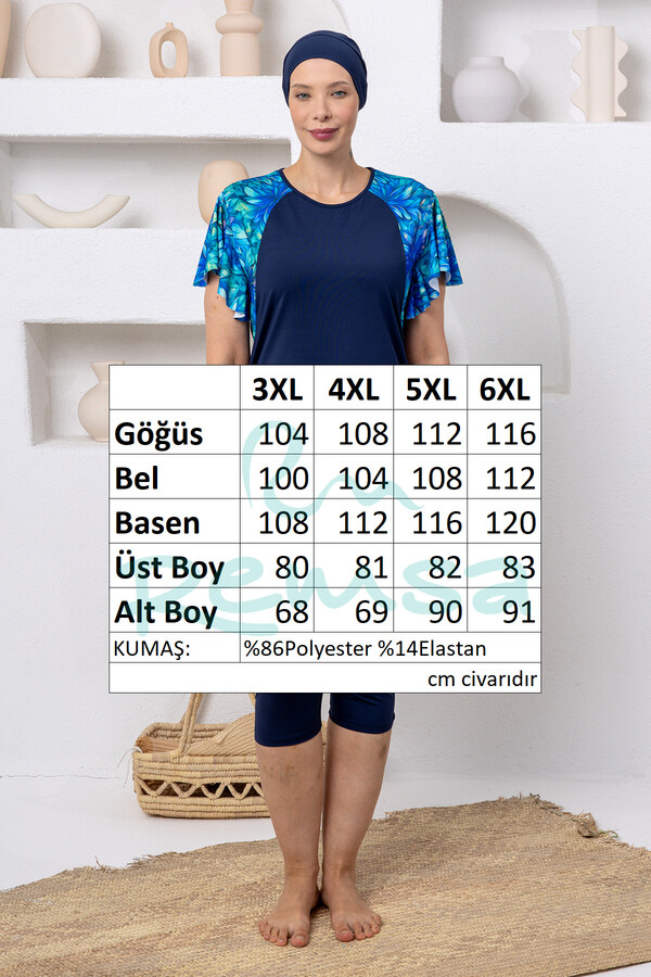 Plus-Size Short-Sleeve Modest Swimsuit with Swim Cap - Thumbnail