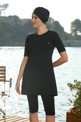 Estiva - Plus Size Short-Sleeve Semi-Covered Swimsuit 22801 Black Estiva - Plus Size Short-Sleeve Semi-Covered Swimsuit 22801 Black