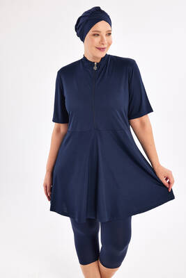 Rozamay - Plus Size Short Sleeve Semi-Covered Swimsuit 3803 Dark Navy Rozamay - Plus Size Short Sleeve Semi-Covered Swimsuit 3803 Dark Navy