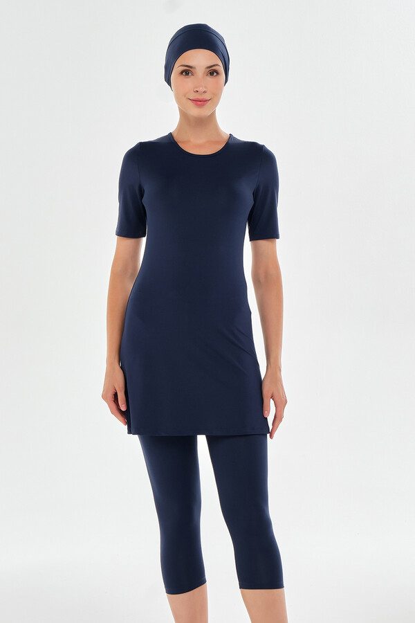 Plus Size Short Sleeve Tights Lycra Half-Covered Swimsuit Set in Navy - Thumbnail