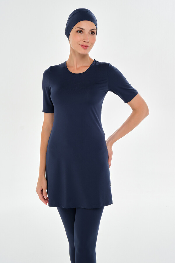 Plus Size Short Sleeve Tights Lycra Half-Covered Swimsuit Set in Navy - Thumbnail