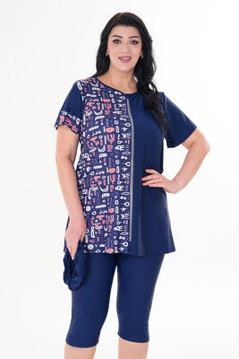 Remsa - Plus Size Sleeveless Semi-Covered Swimsuit 2518 Graffiti Navy Remsa - Plus Size Sleeveless Semi-Covered Swimsuit 2518 Graffiti Navy