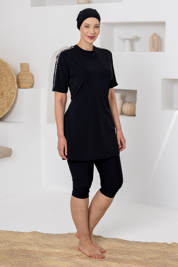 Plus Size UV Protected Lycra Half-Covered Swimsuit Set 1812 Black05 - Thumbnail