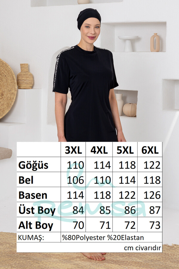 Plus Size UV Protected Lycra Half-Covered Swimsuit Set 1812 Black05 - Thumbnail