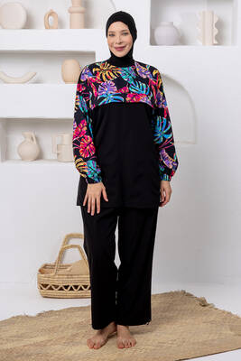 Adasea - Plus Size UV Protection Full Coverage Lycra Modest Swimsuit Set 1809 Black (1)