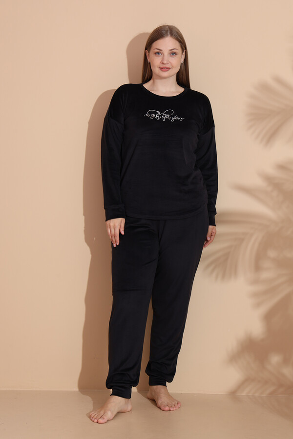 Plus-Size Velvet Pajama Set 25392 Black - Thumbnail