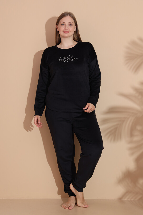 Plus-Size Velvet Pajama Set 25392 Black - Thumbnail
