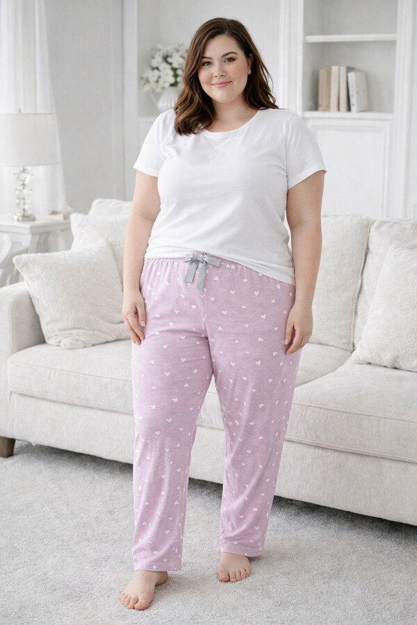 Plus-Size Women's Heart Print Viscose Knit Pajama Bottoms in Dusty Rose - Thumbnail