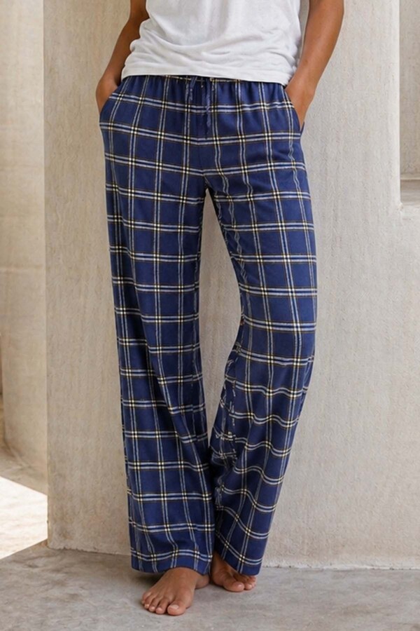 Plus Size Women's Plaid Viscose Knit Drawstring Pajama Bottom - Thumbnail