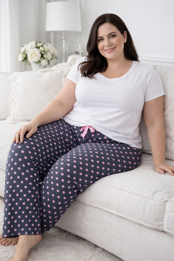 Plus-size Women's Printed Viscose Knit Pajama Bottom Set 03 Anthracite - Thumbnail