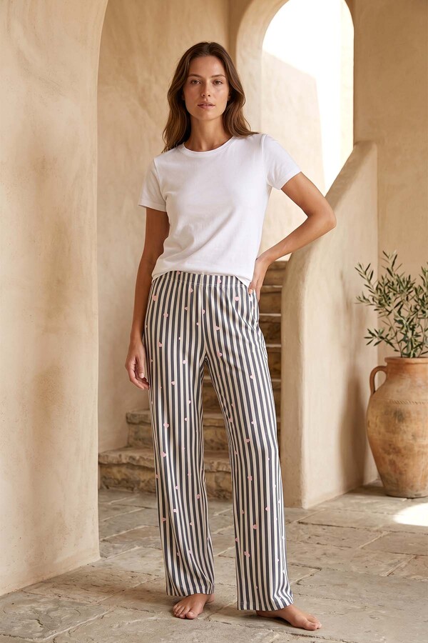 Plus Size Women's Striped Heart Print Viscose Knit Lounge Bottoms - Thumbnail