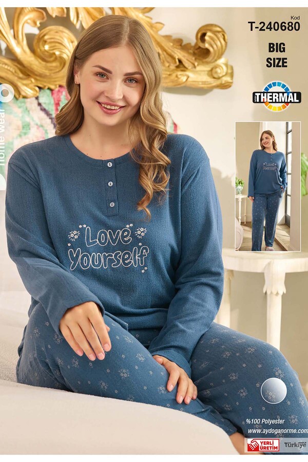 Plus Size Women's Aydoğan Thermal Pajama Set 240680 Petrol - Thumbnail