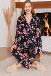 Remsa - Plus-Size Women's Floral Print Sapphire Button-Up Pajama Set 0503 Black06