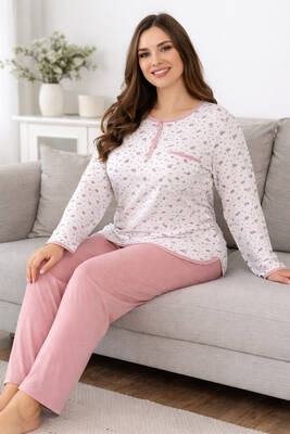 Aydogan - Plus-Size Women's Long Sleeve Crochet Trimmed Cotton Pajama Set 250661 White08