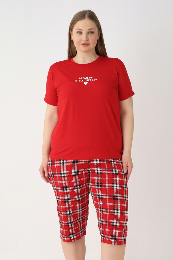 Plus Size Women's Short Sleeve Capri Pajama Set in Red - Thumbnail