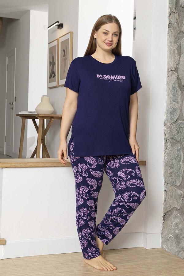 Plus Size Women's Short Sleeve Viscose Pajama Set Navy - Thumbnail