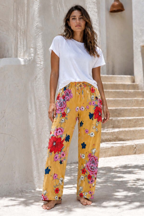 Plus Size Women's Viscose Floral Print Knit Lounge Bottoms - Thumbnail