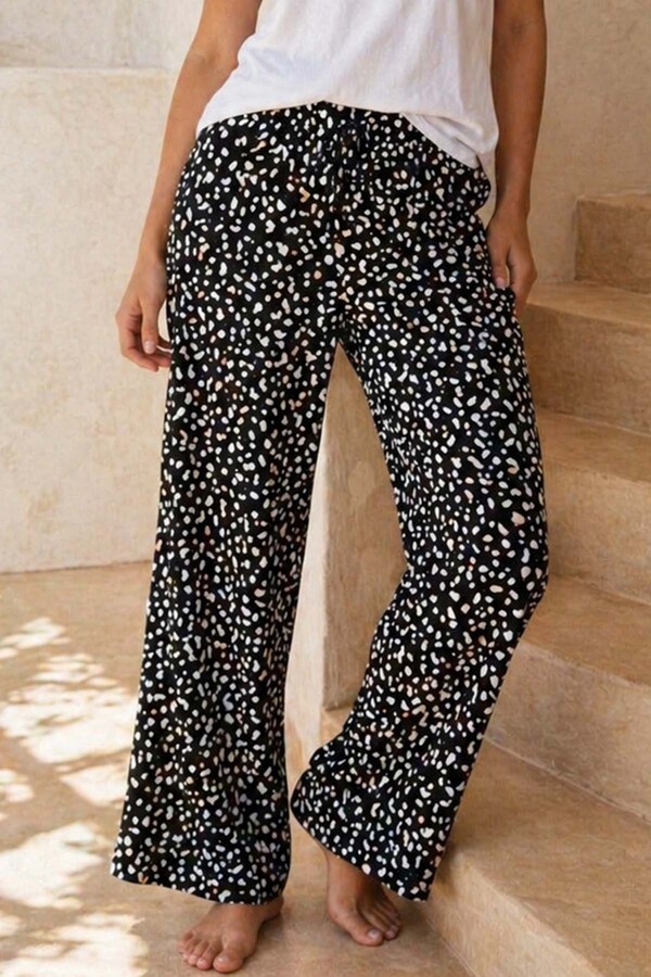 Plus Size Women's Viscose Fabric White Print Knit Lounge Bottoms - Thumbnail