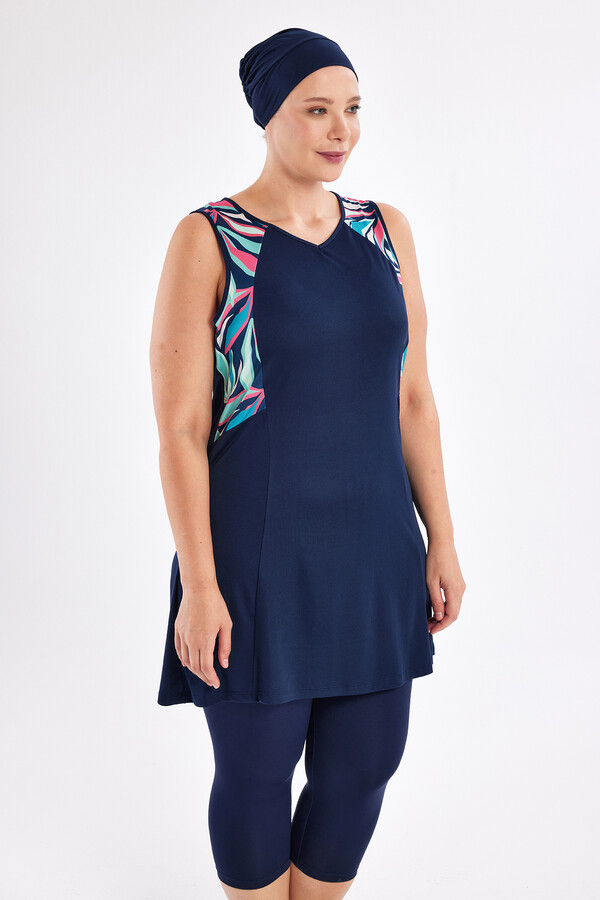 Plus-Size Zero-Sleeve Half-Covered Swimwear Set Navy - Thumbnail