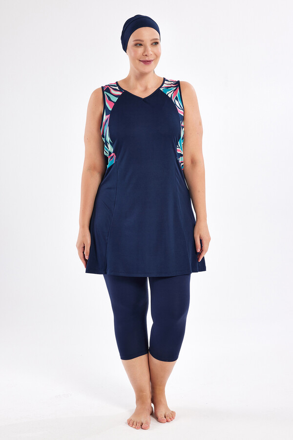 Plus-Size Zero-Sleeve Half-Covered Swimwear Set Navy - Thumbnail
