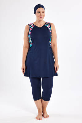 Rozamay - Plus-Size Zero-Sleeve Half-Covered Swimwear Set Navy (1)