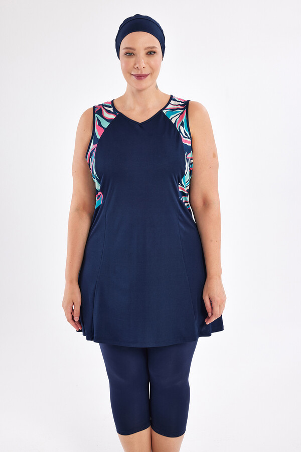 Plus-Size Zero-Sleeve Half-Covered Swimwear Set Navy - Thumbnail