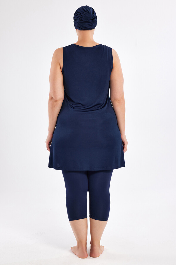 Plus-Size Zero-Sleeve Half-Covered Swimwear Set Navy - Thumbnail