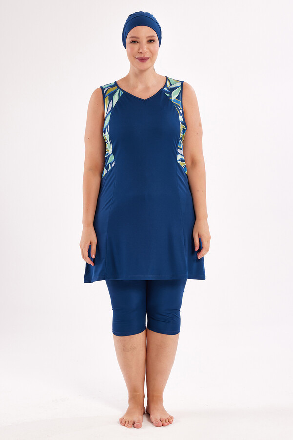 Plus-Size Zero-Sleeve Semi-Covered Swimwear Set in Light Navy - Thumbnail