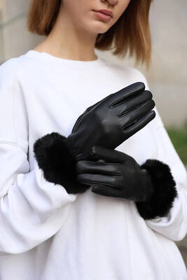 Remsa - Plush Detail Women's Leather Gloves ELD-20 - Black