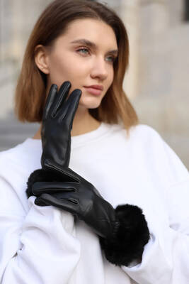 Remsa - Plush Detail Women's Leather Gloves ELD-20 - Black (1)