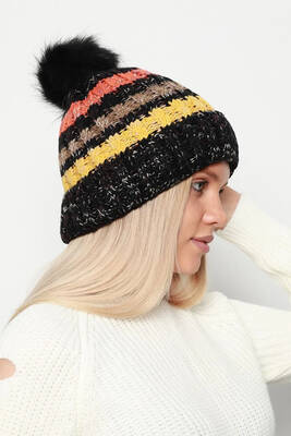 Remsa - Pom-Pom Detail Colorful Knitted Women's Beanie RKŞ-23 - Black