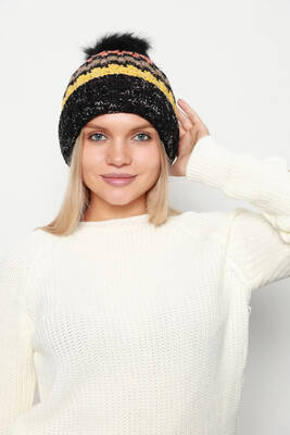 Remsa - Pom-Pom Detail Colorful Knitted Women's Beanie RKŞ-23 - Black (1)