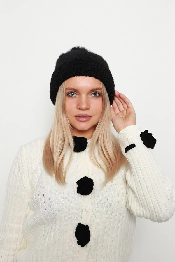 Ponpon Detay Kadın Bere 1136 Siyah - Thumbnail