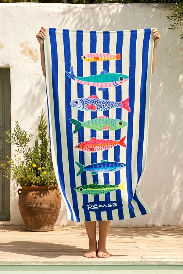 Printed Beach Towel with Sea Life Motif - Thumbnail