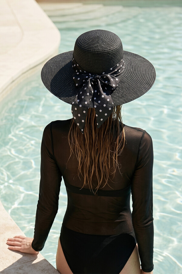 Printed Ribbon Detail Straw Hat Black - Thumbnail