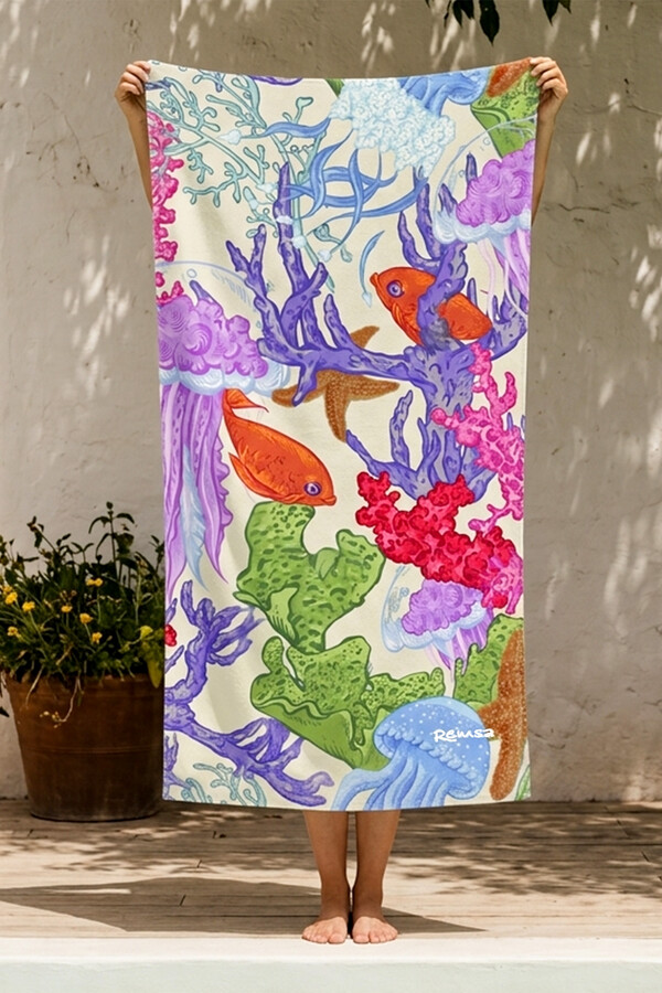 Printed Sea Life Beach Towel - Thumbnail