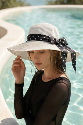 Remsa Mayo - Puantiye Kurdele Detay Hasır Şapka 2136 Beyaz (1)