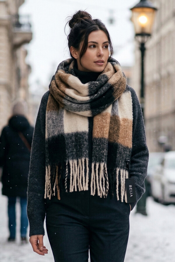 Puffed Bow Plaid Scarf 45x190 cm Brown | Remsa - Thumbnail