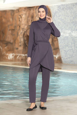 Remsa - Purple Full Coverage Modest Swimsuit Set With Wrap Tunic Remsa - Purple Full Coverage Modest Swimsuit Set With Wrap Tunic